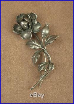 Tres Importante Broche Ancienne En Argent Massif Art Nouveau Fleur Rose