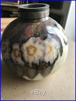 Vase boule Camille THARAUD Limoges céramique col en argent art nouveau